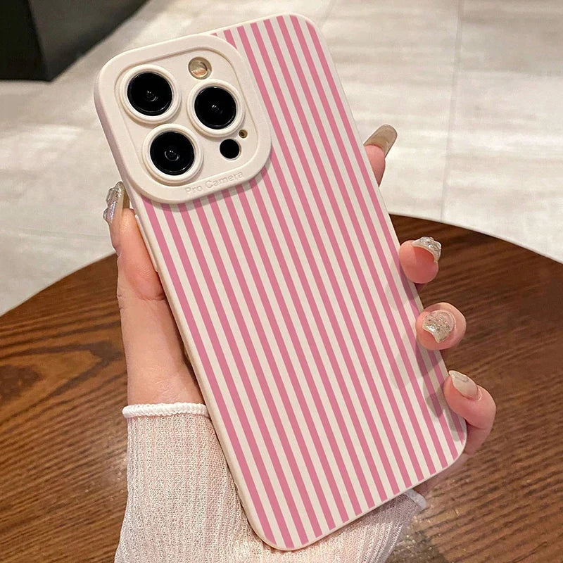 Pink Striped Painted Anti-Drop Phone Case For iPhone 11 12 13 14 15 16 17 Pro Max XS XR X 7 8 Plus 16E 17 Air Candy Bumper Cover